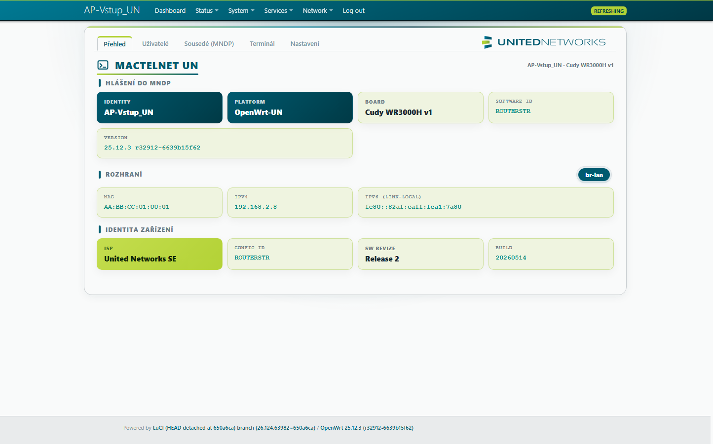 luci-app-mactelnet-un · MNDP identita zařízení a rozhraní