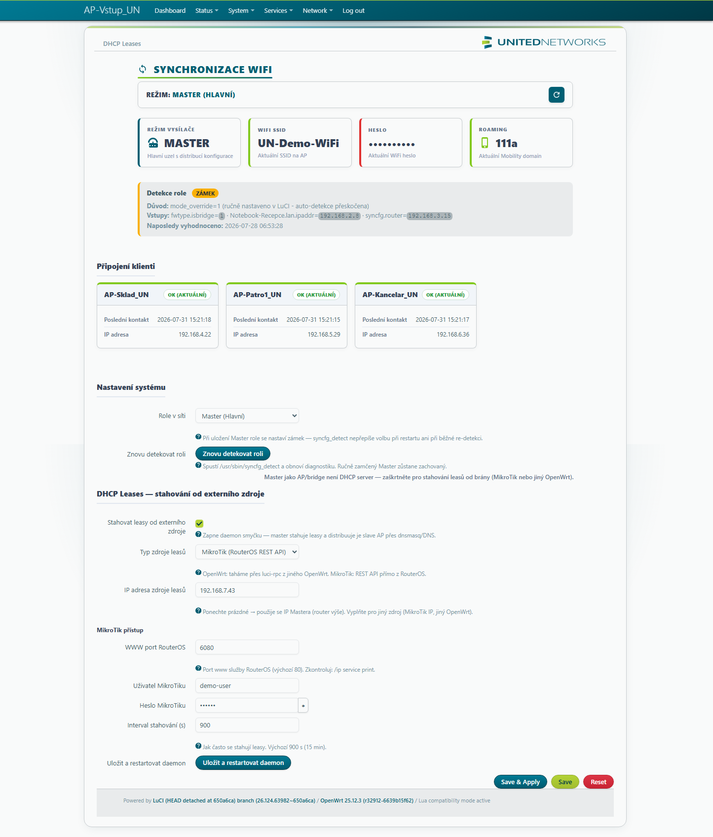 luci-app-syncfg-un · stav WiFi a DHCP synchronizace napříč mesh sítí